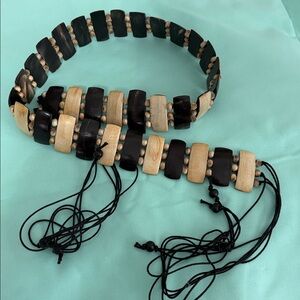 Wooden Bead Boho Tie Belt Unbranded Vintage, Beaded area 32" Total Length 63",